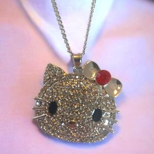 Hello Kitty Rhinestone Necklace and Post Earrings In Silvertone